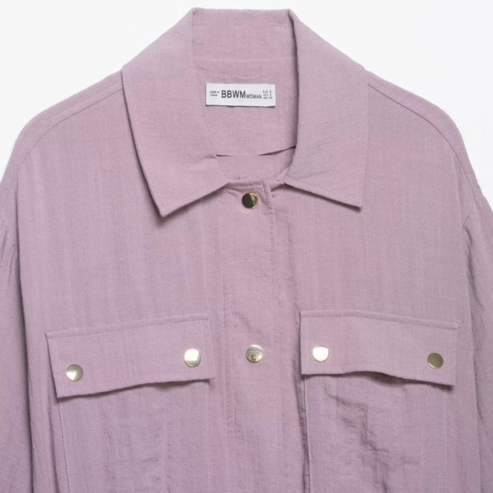 ZARA Long Sleeve Solid Color Collared Shirt with Pocket and Tapered Waist